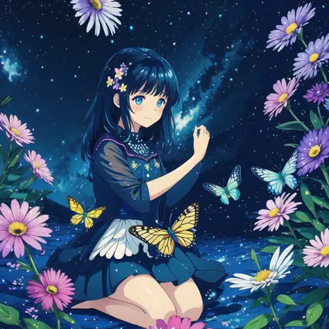 starry sky, milky way, flower garden, light, butterfly, girl sitting, see, shade, girl, colorful, iridescent, aquarell, cheerful...