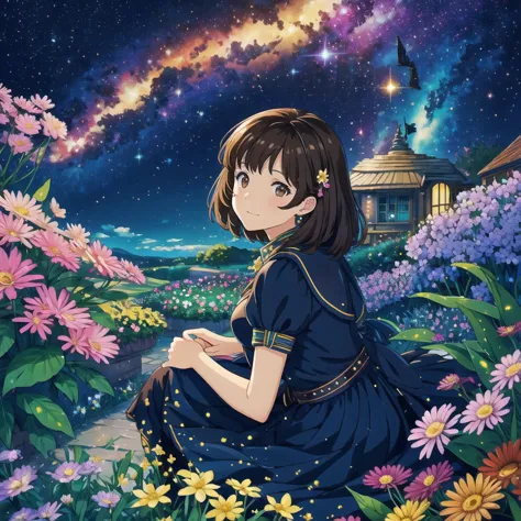 starry sky, flying house, flower garden, light, pflanzen, girl sitting, brown hair, brown eyes, see, shade, girl, colorful, aqua...