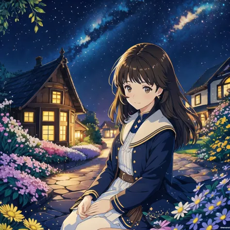 starry sky, flying house, flower garden, light, pflanzen, girl sitting, brown hair, brown eyes, see, shade, girl, colorful, aqua...