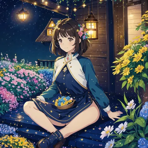 starry sky, flying house, flower garden, light, pflanzen, girl sitting, brown hair, brown eyes, see, shade, girl, colorful, aqua...