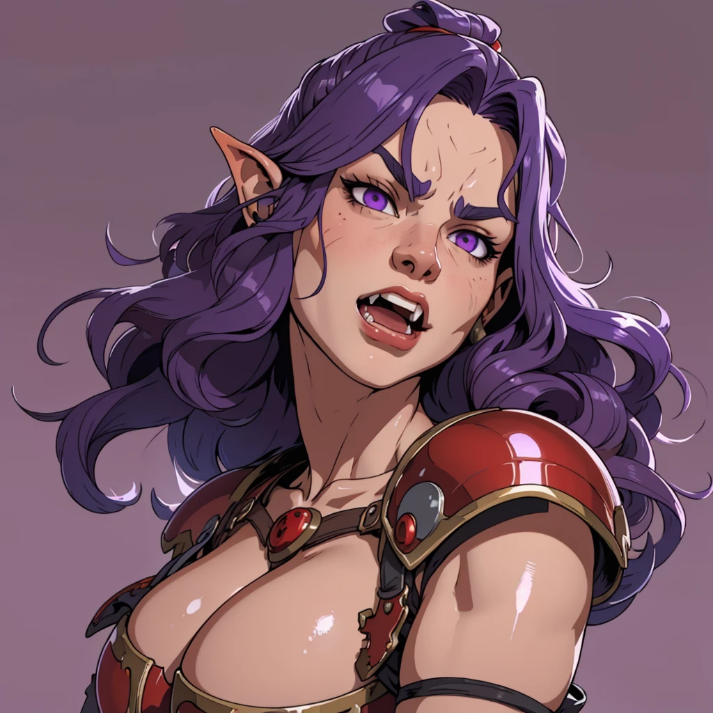 (masterpiece), (best quality),(portrait),(bust up),1girl,solo,(sharp focus),orc girl,orc,curvy, huge breasts,purple hair,wavy hair,(ancient girl:1),ancient luxurious long clothes,old school fantasy art,((simple background)),super shiny face,Ultra Glossy skin,angry,fangs,teeth,muscular,muscle,soldier \(dq3\) ,red armor,helmet