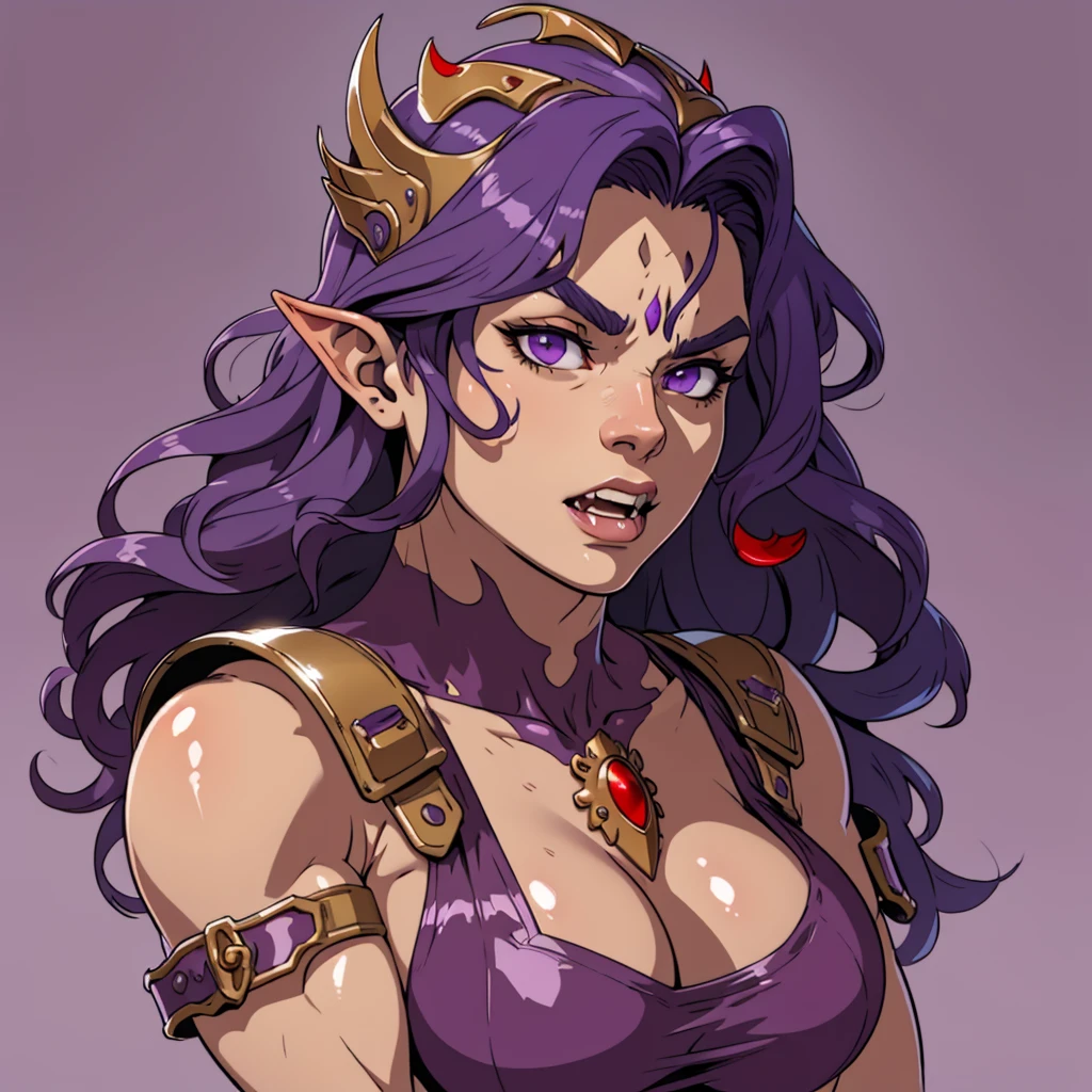 (masterpiece), (best quality),(portrait),(bust up),1girl,solo,(sharp focus),orc girl,orc,curvy, huge breasts,purple hair,wavy hair,(ancient girl:1),ancient luxurious long clothes,old school fantasy art,((simple background)),super shiny face,Ultra Glossy skin,angry,fangs,teeth,muscular,muscle,soldier \(dq3\) ,red armor,helmet
