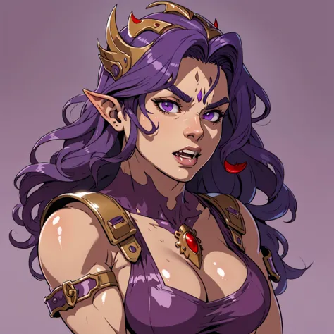 (masterpiece), (best quality),(portrait),(bust up),1girl,solo,(sharp focus),orc girl,orc,curvy, huge breasts,purple hair,wavy ha...