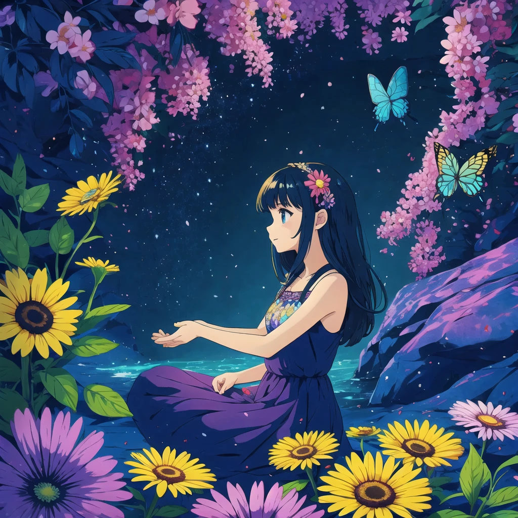 sunshine, Milky Way, flower garden, light, butterfly, Girl sitting, See, shade, Girl, colorful, Iridescent, Aquarell, cheerful, uhd, 1080x1920