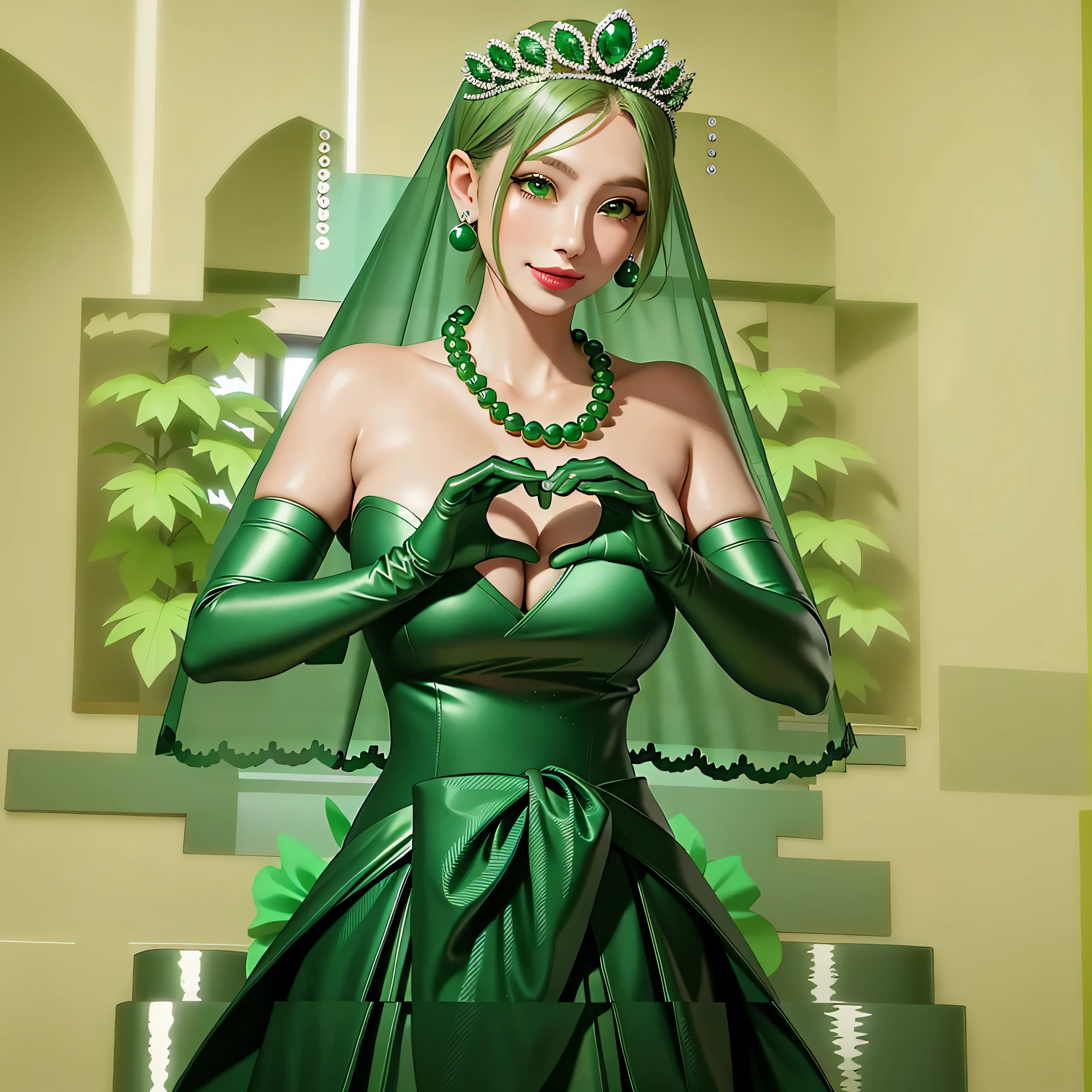 emerald tiara, colar de pérolas verdes, Cabelo verde muito curto de menino, Lábios Verdes, mulher japonesa sorridente, cabelo muito curto, Linda senhora peituda, olhos verdes, Luvas longas de cetim verde, olhos verdes, Brincos Esmeralda, Véu verde, Coração com as duas mãos, cabelo verde, Mulheres japonesas bonitas, mãos em forma de coração:1.3, brilho labial verde