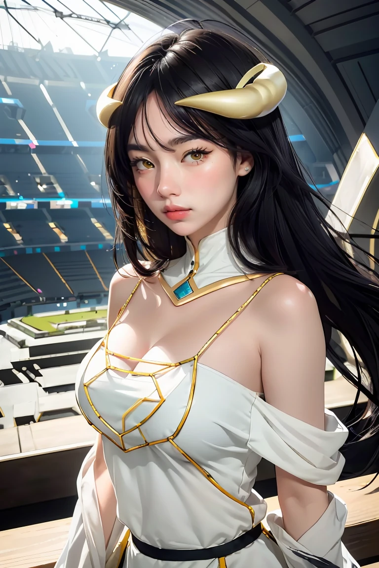 Masterpiece, Best quality, Ultra-detailed, illustration, epic lighting, Cinematic composition, isometry,(hexagons:1.2), 1girll, Horns, Solo, Yellow eyes, Black hair, Long hair, (Low wing:1.2), Large cleavage, Bare shoulders, hair between eye, Medium breasts, (White dress:1.1), Golden decoration, Detached collar, view the viewer, Semi-closed Eyes, (view the viewer:1.1), parted lip, Blush, Black feathers fall, Arena, particle fx, (8K:1.1)