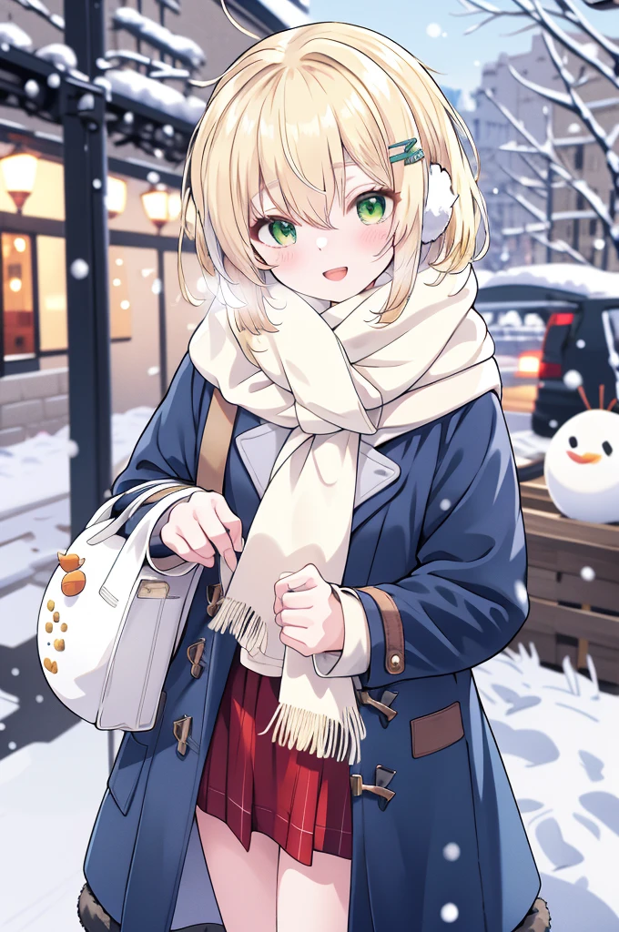 -galgame style, 1girl, green eyes, hair ornament, scarf, outdoors, looking at viewer, open mouth, coat, blonde hair, plaid, plaid scarf, bag, smile, snow, blush, bangs, long sleeves, pov, holding, fur trim, hair between eyes, holding bag, hairclip, earmuffs, winter, :d, snowman, blue coat, door, day, fur-trimmed coat, waving, pov hands, solo focus, ground vehicle, skirt, winter clothes, green scarf, blurry, standing, upper teeth only, fringe trim, open clothes, teeth, sweater, breath, short hair