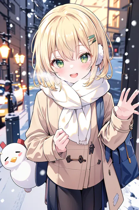 -galgame style, 1girl, green eyes, hair ornament, scarf, outdoors, looking at viewer, open mouth, coat, blonde hair, plaid, plai...