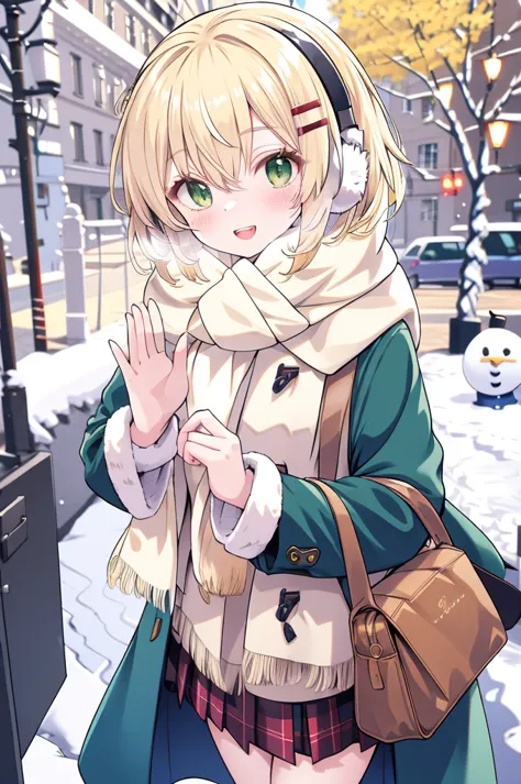 -galgame style, 1girl, green eyes, hair ornament, scarf, outdoors, looking at viewer, open mouth, coat, blonde hair, plaid, plai...