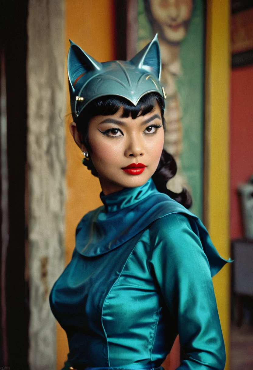 cat woman thai people style 60s, hairstyle 60s, fashion style 60s, colour style 60s, background bankkok 1960, thai movie style, Old Classic Films, old picture, maximum details, dramatic shadow evocative analog film noise, half body portrait, cinematic, movie still, captured in the style 35 mm movie film