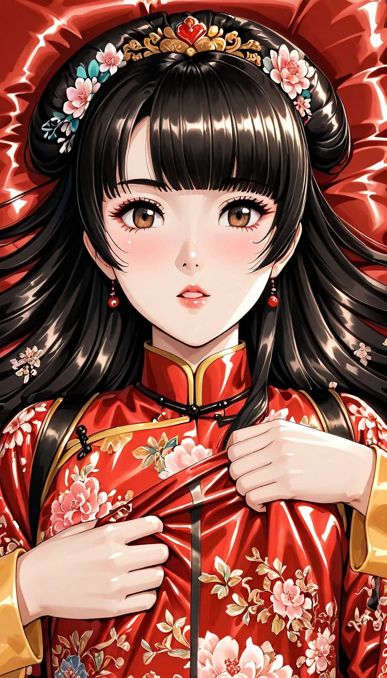 Beautiful 15 year old Chinese Kung Fu girl princess with short black hair　Gorgeous embroidery, Ultra glossy, She is wearing shiny red long sleeve floral pajamas....　She is made to lie down on a red enamel futon, with the futon over her upper body, her pussy spread and her vagina examined.