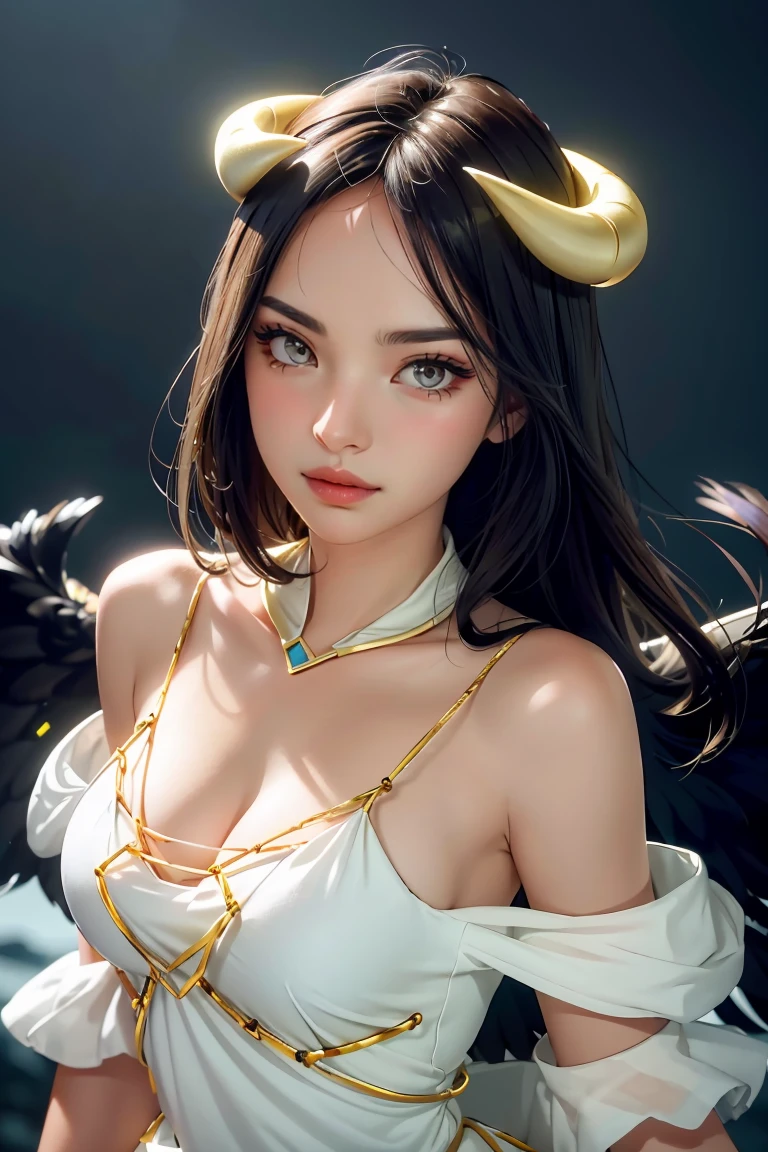 Masterpiece, Best quality, Ultra-detailed, illustration, epic lighting, Cinematic composition, isometry,(hexagons:1.2), 1girl, Horns, Solo, Yellow eyes, Black hair, Long hair, (Low wing:1.2), Large cleavage, Bare shoulders, hair between eye, Medium breasts, (White dress:1.1), Golden decoration, Detached collar, view the viewer, (view the viewer:1.1), parted lip, Blush, Black feathers fall, Arena, particle fx, (8K:1.1)