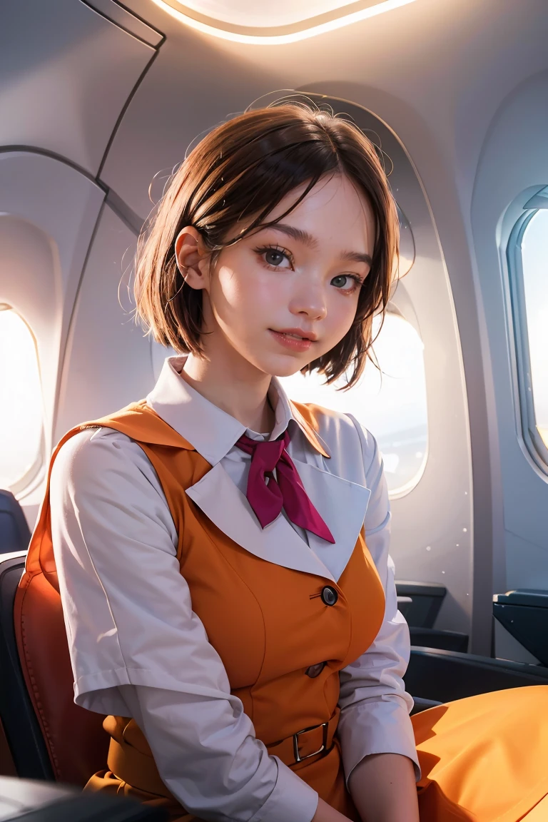 masterpiece,best quality,ultra detailed,8K,super fine illustration,highly detailed beautiful face and eyes,perfect anatomy,professional lighting,1 flight attendant,microskirt and boots uniform,orange and pink dress,smile,airplane interior,dynamic angle,depth of field,chromatic_aberration,masterpiece,best quality,very aesthetic,absurdres,newest,
