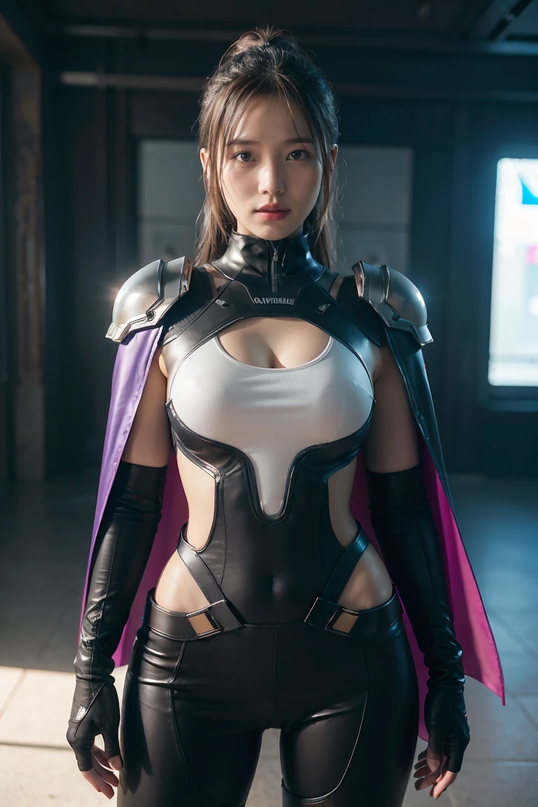 ((Best quality)), ((masterpiece)), (detailed:1.4), 3D, an image of a beautiful cyberpunk female with a cape, HDR (High Dynamic Range),Ray Tracing,NVIDIA RTX,Super-Resolution,Unreal 5,Subsurface scattering,PBR Texturing,Post-processing,Anisotropic Filtering,Depth-of-field,Maximum clarity and sharpness,Multi-layered textures,Albedo and Specular maps,Surface shading,Accurate simulation of light-material interaction, Purple Neon suit, Perfect proportions,Octane Render,Two-tone lighting,Wide aperture,Low ISO,White balance,Rule of thirds,8K RAW,