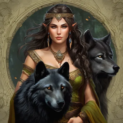 (Beautiful elf druid girl 1.3) hug a big black wolf (Background&#39;Extremely detailed Unity 8k CG display, head of&#39;artwork,...