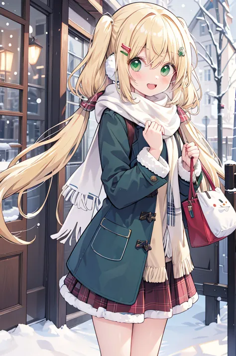 -galgame style, 1girl, green eyes, hair ornament, scarf, outdoors, looking at viewer, open mouth, coat, blonde hair, plaid, plai...