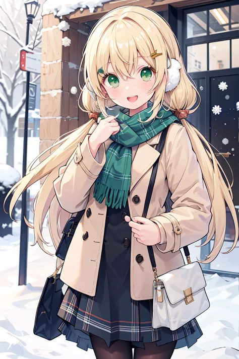 -galgame style, 1girl, green eyes, hair ornament, scarf, outdoors, looking at viewer, open mouth, coat, blonde hair, plaid, plai...