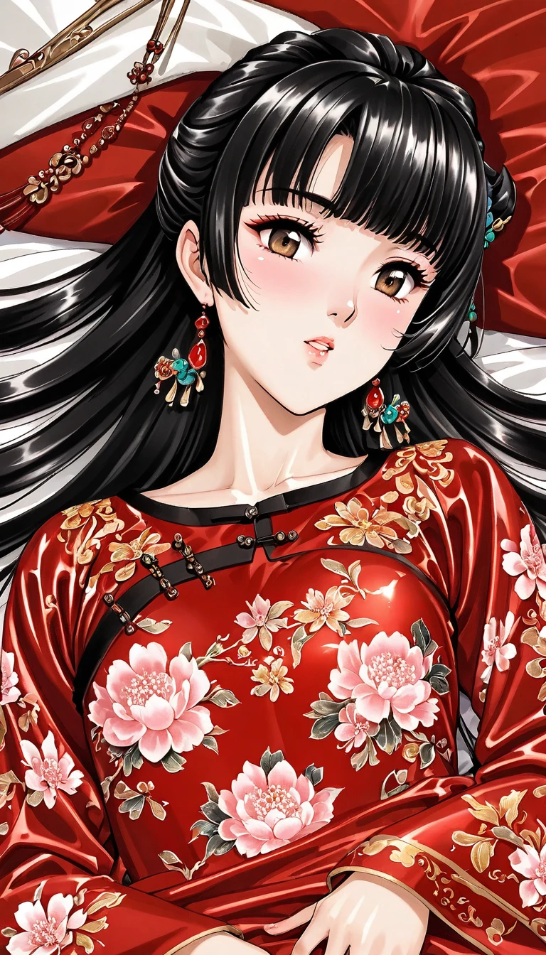 Beautiful 15 year old Chinese Kung Fu girl princess with long black hair　Gorgeous embroidery, Ultra glossy, She is wearing shiny red long sleeve floral pajamas....　She is made to lie down on a red enamel futon, with the futon over her upper body, her pussy spread and her vagina examined.