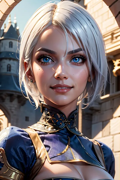 isabella ,short white hair, blue eyes,  smile, hair over eye, 
 castle, royalty, solo, 
standing, upper body, 
(insanely detaile...