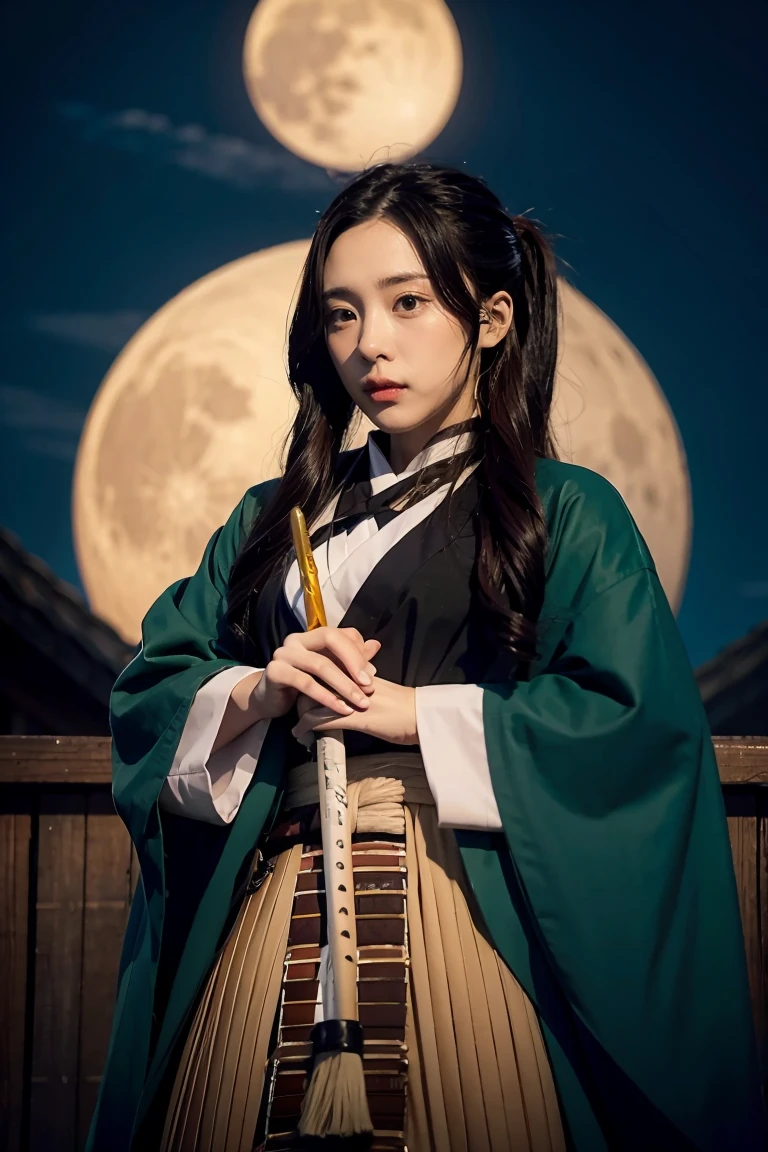 Anime female character with long hair holding a sword in front of a full moon, cute face in Demon Slayer art, Kimetsu no Yaiba, inspired by Demon Slayer, Yoriichi Tsugikuni, Demon Slayer Artstyle, Demon Slayer anime image, Tanjiro Kamado