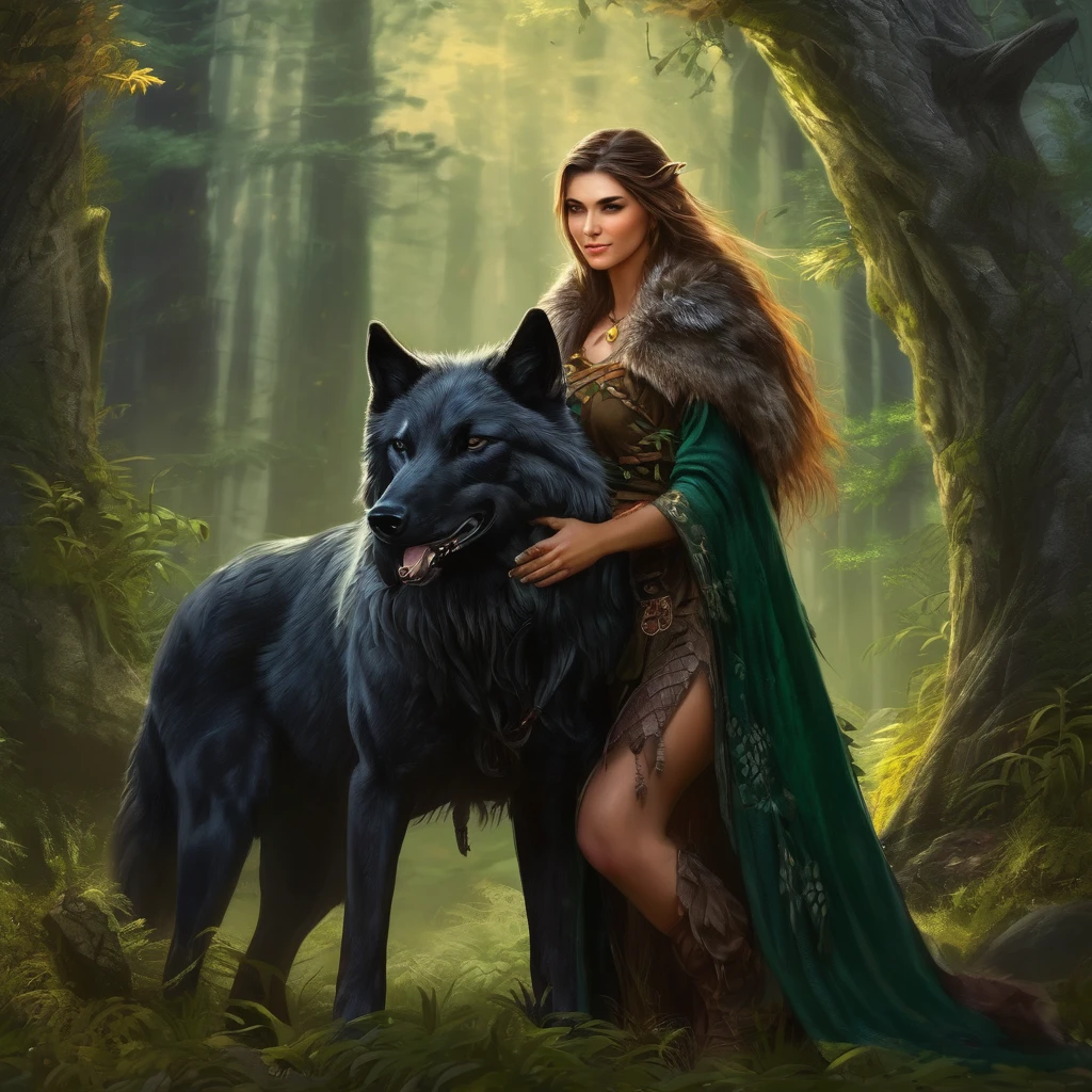 (Beautiful elf druid girl 1.3) hug a big black wolf (Background&#39;Extremely detailed Unity 8k CG display, head of&#39;artwork, best quality, ultra-detailed, beautiful, bright, detailed eyes:1.2), better lighting, (best shadow, an extremely delicate and beautiful, floraison, iridescent), head of&#39;artwork, best quality:1.1, realistic:1.3, Cinematic lighting:1.2, on a sunny cliff:1.5, ultra photorealistic, photorealistic:1.0, sharpness:1.1, depth of ﬁeld:1.1, 50mm, Hasselblad X1D II, Door 160