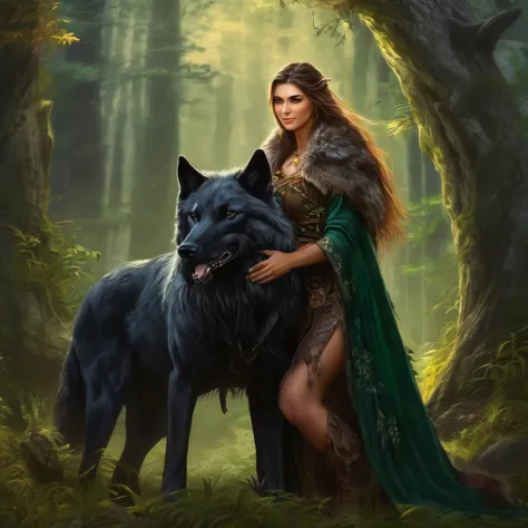 (Beautiful elf druid girl 1.3) hug a big black wolf (Background&#39;Extremely detailed Unity 8k CG display, head of&#39;artwork,...