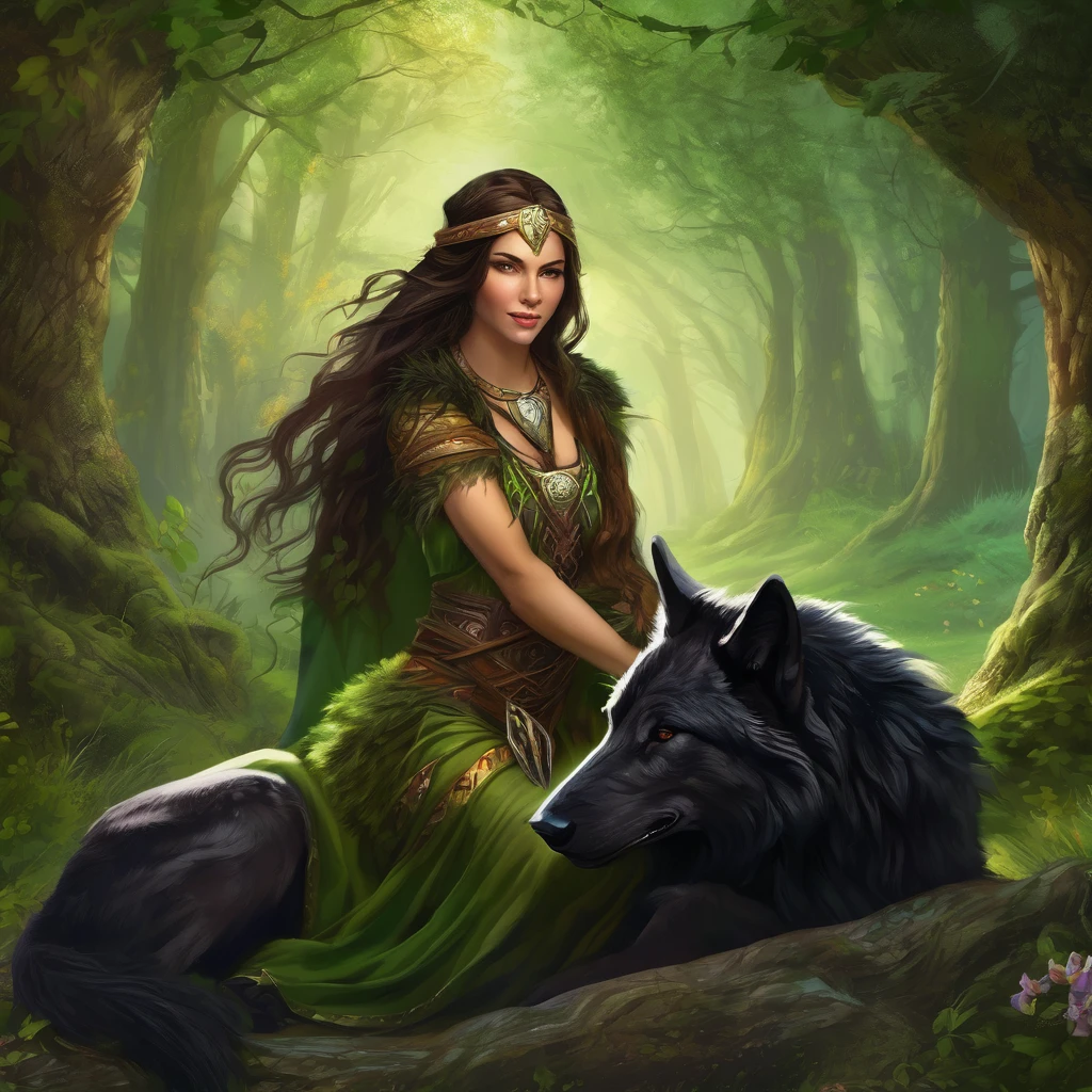 (Beautiful elf druid girl 1.3) hug a big black wolf (Background&#39;Extremely detailed Unity 8k CG display, head of&#39;artwork, best quality, ultra-detailed, beautiful, bright, detailed eyes:1.2), better lighting, (best shadow, an extremely delicate and beautiful, floraison, iridescent), head of&#39;artwork, best quality:1.1, realistic:1.3, Cinematic lighting:1.2, on a sunny cliff:1.5, ultra photorealistic, photorealistic:1.0, sharpness:1.1, depth of ﬁeld:1.1, 50mm, Hasselblad X1D II, Door 160