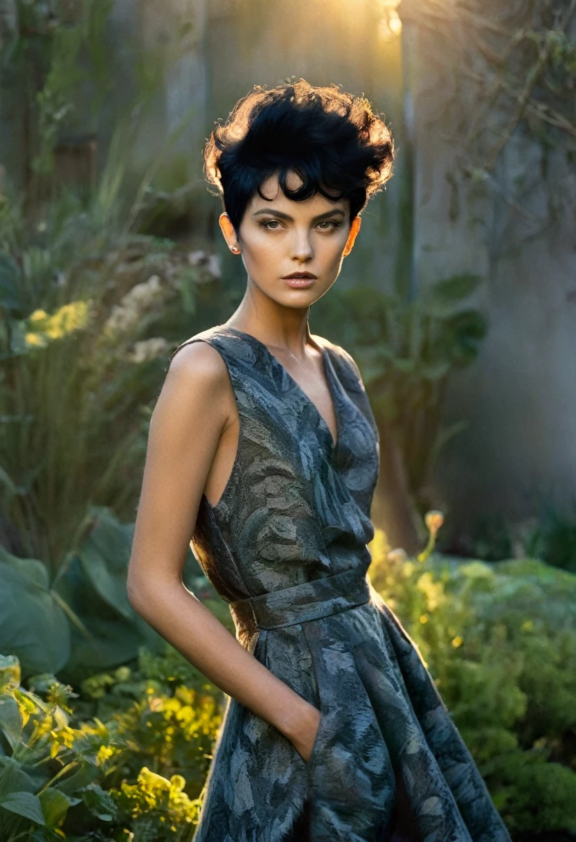 golden hour, garden, back lighting, fashion shoot, caucasian female with black hair, looking at the camera, dynamic pose, in the style of Vogue, Avant-garde Fashion page
