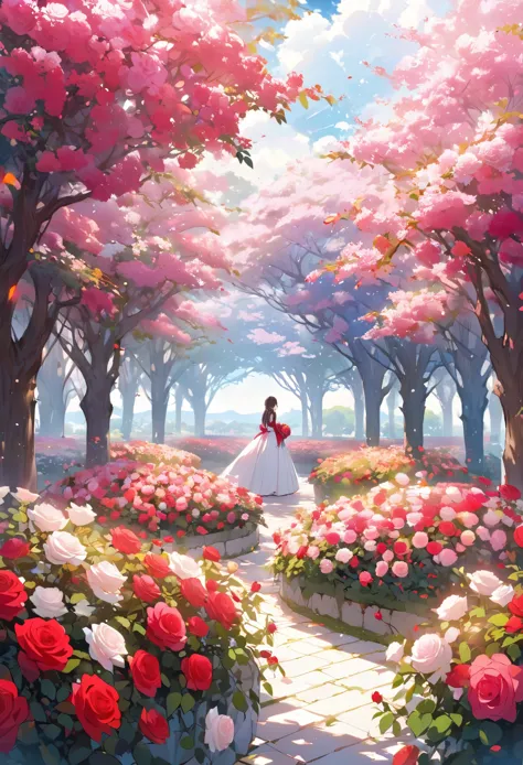 surrounded by a vast rose garden, bright red flowers, pink, and the white covers the landscape in a flurry of colors.. a hall am...