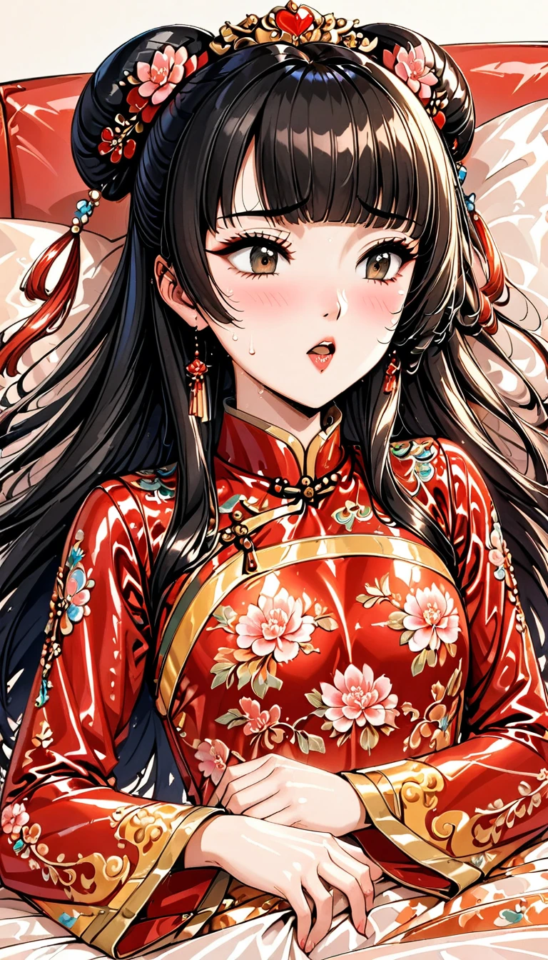 Beautiful 15 year old Chinese Kung Fu girl princess with long black hair　Gorgeous embroidery, Ultra glossy, She is wearing shiny red long sleeve floral pajamas....　She is fucked hard by the emperor on the red patent leather duvet