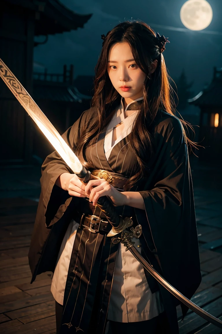 보름달 앞에서 칼을 들고 긴 머리를 가진 애니메이션 여성 캐릭터, Demon Slayer 아트의 귀여운 얼굴, Kimetsu No Yaiba, 데몬 슬레이어에서 영감을 받은 작품, Yoriichi Tsugikuni, 악마 학살자 아트스타일, 악마 학살자 애니메이션 이미지, tanjiro kamado