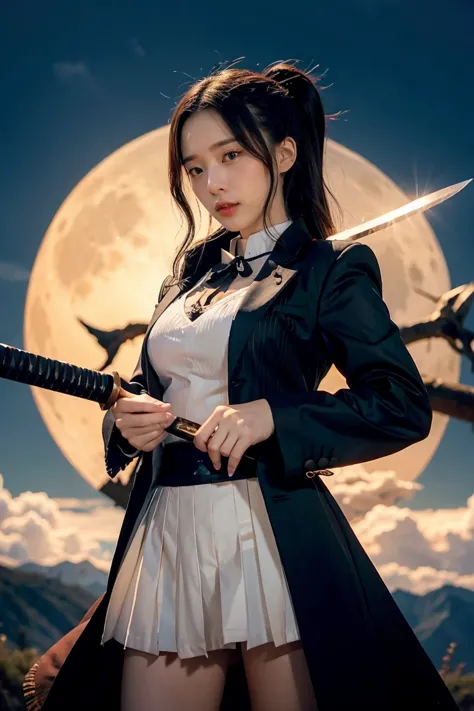 Anime female character with long hair holding a sword in front of a full moon, cute face in Demon Slayer art, Kimetsu no Yaiba, ...