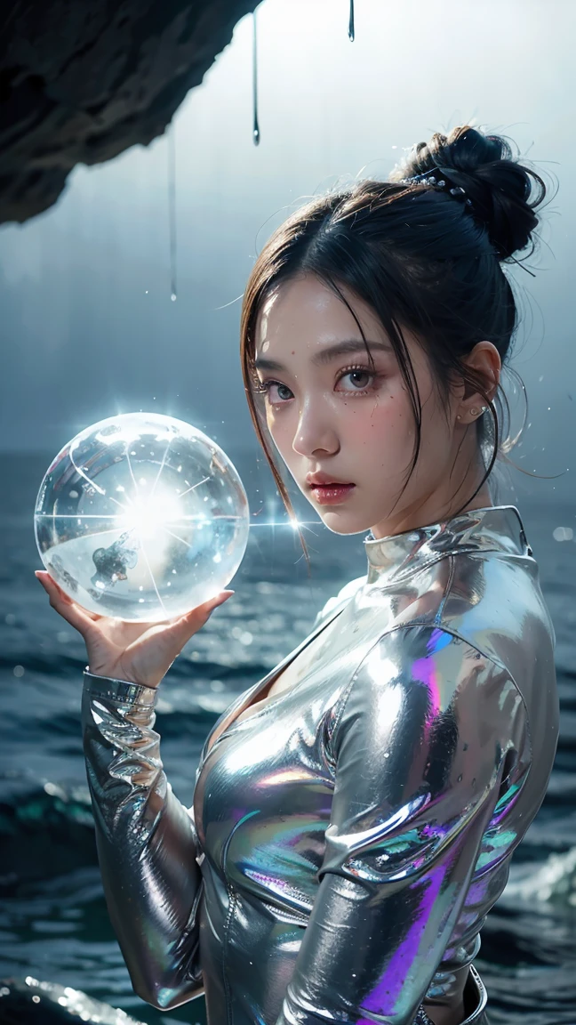 best quality, masterpiece, realistic, 1girl, goddess, messy [updo|hanging] hair, (full body:0.6), solo, (full body:0.6), looking down, detailed background, detailed face, Sc3pt4, sci-fi theme:1.1), mercury-wizard, melancholic, surrounded by waves of iridescent silver, alchemical imagery, reflections, silver-colored fluid, metallic sheen, shiny, dynamic pose, fluid movement, floating particles, droplets of mercury, flowing metal, blending mercury, foreign planet in background, dripping mercury formations, volumetric lighting, cinematic atmosphere, sharp details, high detail skin, realistic skin texture, perfect eyes, pussy