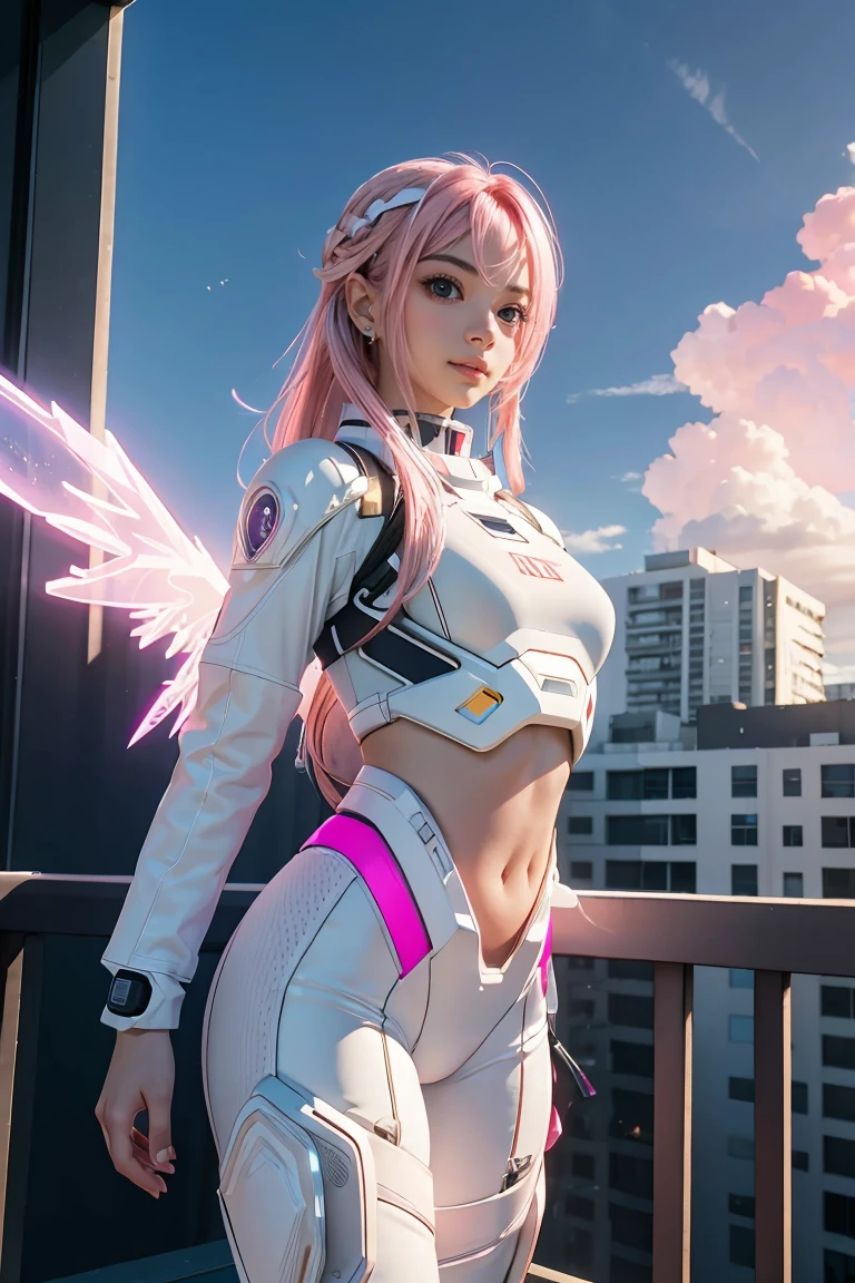 ((masterpiece, best quality, extremely detailed), volumetric lighting, ambient occlusion, colorful, glowing), 
1girl, solo, young girl, (pink hair), long hair, halo, aura, sacred, godness, cyber suit, (white outfit:1.3), android, bot, angel wings,
outdoors, sunset, sky, clouds, space, (cyberpunk theme:1.2),