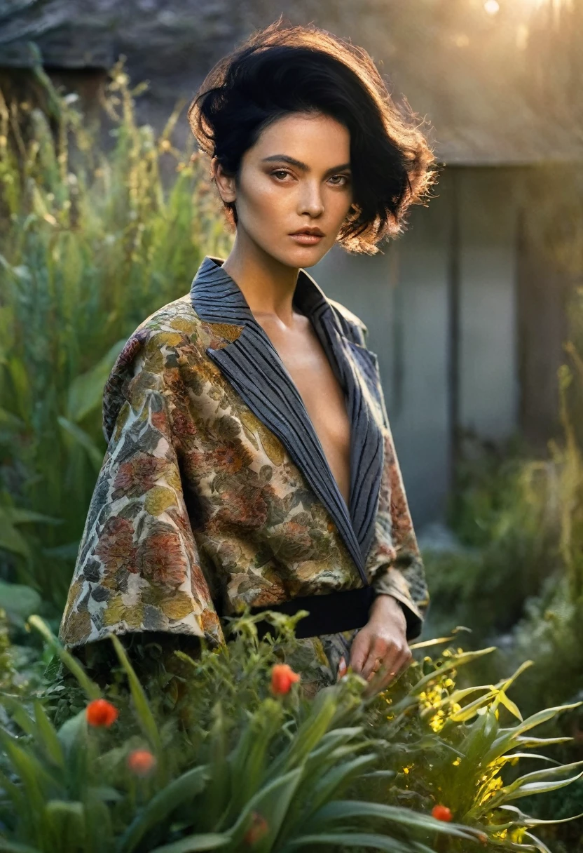 golden hour, garden, back lighting, fashion shoot, caucasian female with black hair, looking at the camera, dynamic pose, in the style of Vogue, Avant-garde Fashion page, warm lighting
