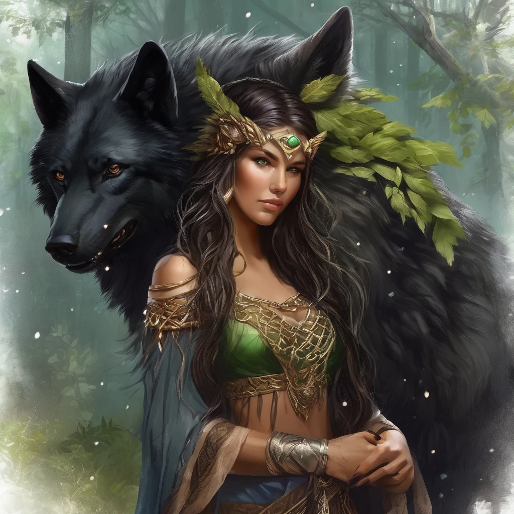 (Beautiful elf druid girl 1.3) hug a big black wolf (Background&#39;Extremely detailed Unity 8k CG display, head of&#39;artwork, best quality, ultra-detailed, beautiful, bright, detailed eyes:1.2), better lighting, (best shadow, an extremely delicate and beautiful, floraison, iridescent), head of&#39;artwork, best quality:1.1, realistic:1.3, Cinematic lighting:1.2, on a sunny cliff:1.5, ultra photorealistic, photorealistic:1.0, sharpness:1.1, depth of ﬁeld:1.1, 50mm, Hasselblad X1D II, Door 160