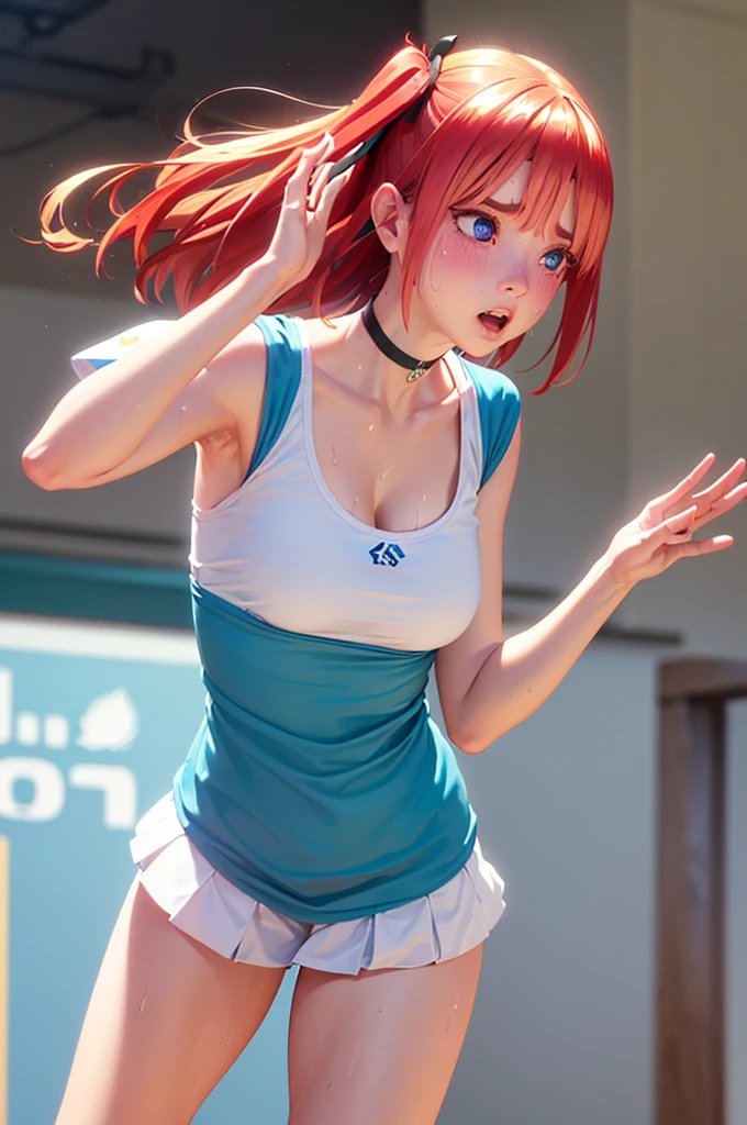 blue eyes, hair ornaments, Hair Ribbon,Show your forehead、Twin tails、 Random color tennis wear, clavicle, Thighs, blush,, Lace choker, short hair,,No bra,,Highly detailed skin, Highly detailed face, (beautiful Fine grain, the girl, Red cheeks), (A girl is standing), The girl is a cute 18-year-old tennis player., (Not wearing a bra, Knee socks、 The girl has a toned figure., Pink tennis wear, Sun visor,, Tennis court, ((I took the photo from the front、The girl contains the whole body)), flowing、Fine grain, Perfect functionality, ( Highest quality, good quality:1.4), Intricate details,Closely、Embarrassed expression、blush、Shining Sweat、Perfect Skin,Sweat is noticeable in the cleavage、、Thighsの汗が目立つ、 Fair skin,Tight waist, Sweating profusely、Sweaty hair、Sweaty clothes、Sweaty、Visible sweat、Sweat-soaked hair、Athlete System、cherry blossoms、Blonde、Silver Hair、Serve Form、Volley Form、Receive form、