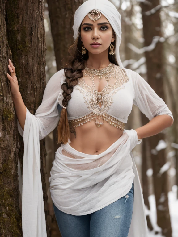 Best quality, portrait, masterpiece, 1 indian girl, solo, indian, walking on winter snowy forest, river flowing, braid hair, soft body, looking straight at the viewer, big eyes, white shirt and jeans, winter headwear, fully tattooed hands, 8k resolution, deep cleavage, nose ring, belly piercing, big breasts, insanely detailed, parted lips, perfect anatomy, perfect fingers, ambient lighting, forest, dawn