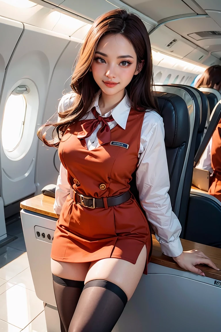 masterpiece,best quality,ultra detailed,8K,super fine illustration,highly detailed beautiful face and eyes,perfect anatomy,professional lighting,1 flight attendant,microskirt and boots uniform,orange and pink dress,smile,airplane interior,dynamic angle,depth of field,chromatic_aberration,masterpiece,best quality,very aesthetic,absurdres,newest,