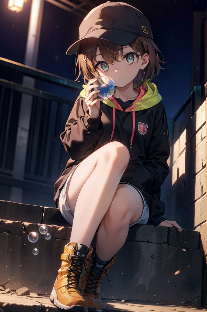 Mycotrose, Brown eyes,Brown Hair,short hair,Small breasts,Oversized black hoodie,Baseball cap,Shorts,boots,His hands are in his hoodie pockets,Blowing bubble gum,Sitting on the stairs,night,moonlight,whole bodyがイラストに入るように,　　　　　　　　　　　　　　　　　 　　　break looking at viewer, whole body,　　　 　　　　　　break outdoors, construction area,　　　　　　　　　　　　　　　　　　break (masterpiece:1.2), Highest quality, High resolution, unity 8k wallpaper, (shape:0.8), (Beautiful and beautiful eyes:1.6), Highly detailed face, Perfect lighting, Extremely detailed CG, (Perfect hands, Perfect Anatomy),