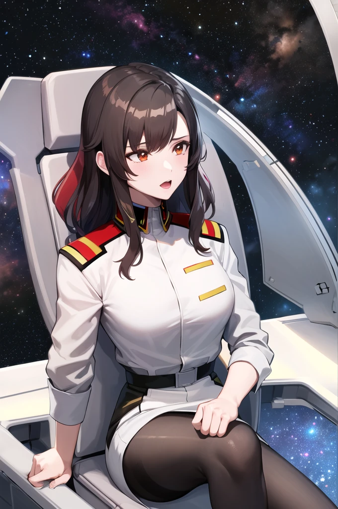 masterpiece, Highest quality, High resolution, Ramius 1, One girl, alone, (black_pantyhose:1.1), army uniform, army, compensate, White shirt,  White Skirt, Tight Skirt, Sitting, Upper Body, cockpit, space, Open your mouth,Fully nude