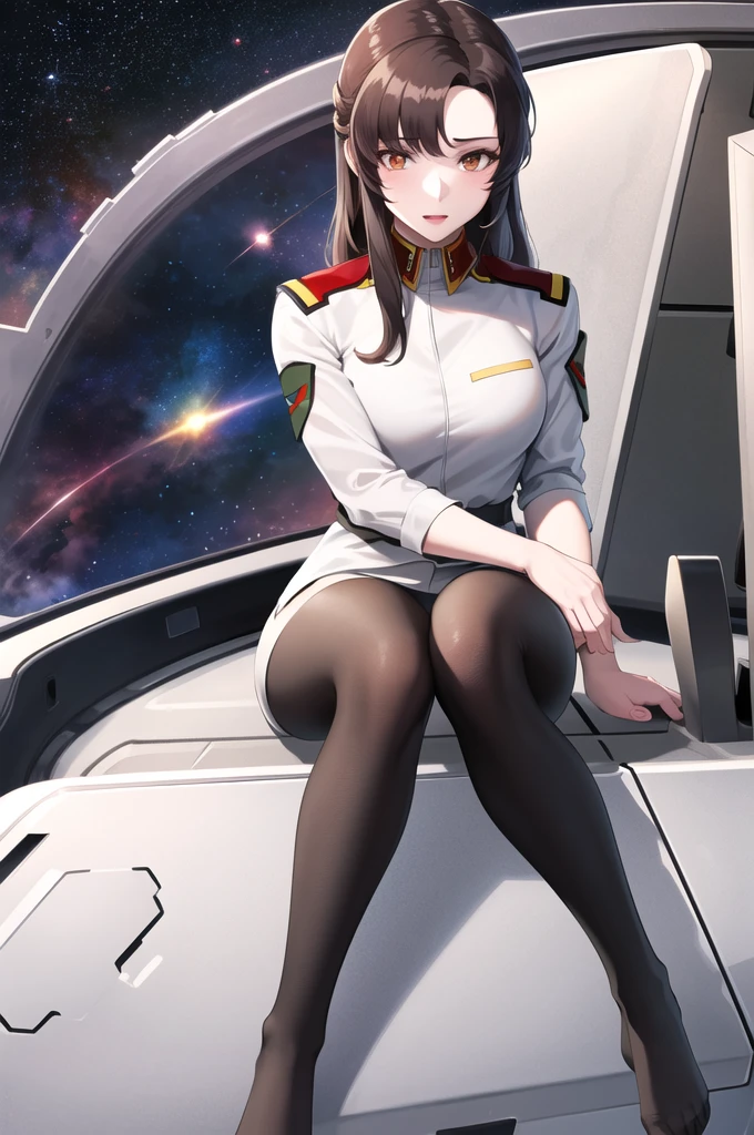 masterpiece, Highest quality, High resolution, Ramius 1, One girl, alone, (black_pantyhose:1.1), army uniform, army, compensate, White shirt,  White Skirt, Tight Skirt, Sitting, Upper Body, cockpit, space, Open your mouth,Fully nude