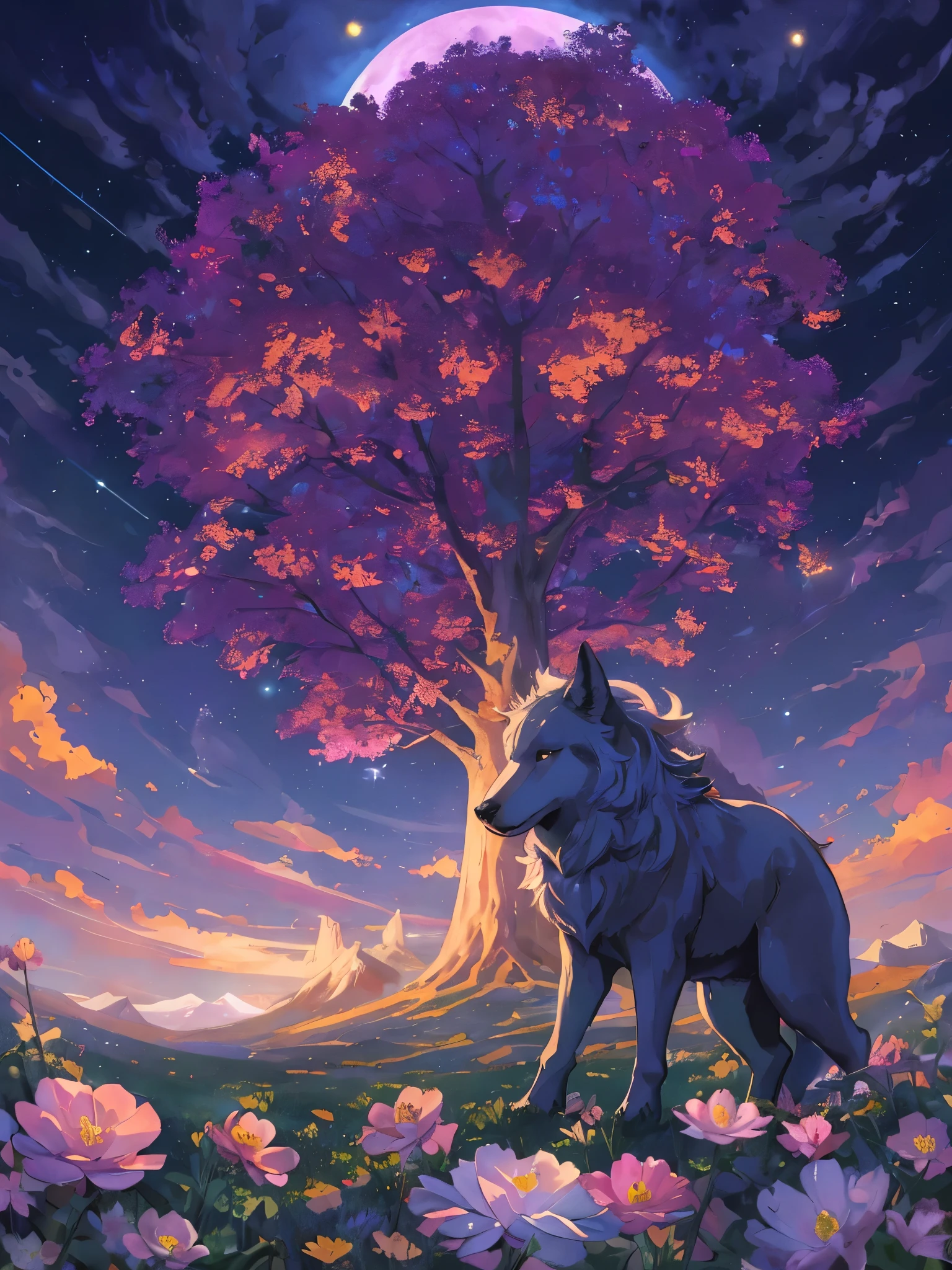 （Big wolf and girl：1.5），A big rainbow tree in the center：1.5，Vast landscape photography , Big Blue Moon：1.5，（A view of the sky and the world below from below）, A girl standing in a flower field looking up, （Big full moon:1.2）, （shooting star:0.9）, （nebula:1.3）, Distant Mountain, Tree Break Works, （Warm light source:1.2）, （fire Fly:1.5), lamp, Lots of purple and orange, Intricate details, Volumetric lighting, Realism BREAK (masterpiece:1.2), (Highest quality), 4K, Ultra fine, (Dynamic composition:1.4), Very detailed, Colorful details, ( iridescent:1.2), (Shining Lights, Atmospheric lighting), dreamy, Magical, (solo:1.2),（Flowing stars：1.5），（Noctilucent bugs：1.5）