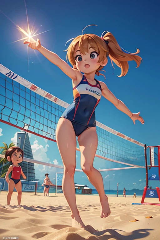 (Dynamic angle: 1.4), (Full body pose: 1.5), (Beach volleyball: 1.5), (High resolution CG Unity 16K wallpaper: 1.1), (Noise reduction strength: 1.45), (Cute chibi girl, 8 years old: 1.5), (Masterpiece: 1.37), (Official art), Best quality, (Realistic), Deformed character, (Nice eyes: 1.2), (Dynamic pose: 1.4), (Old school swimsuit costume: 1.3), Jumping into the air to catch a volleyball ball, White sand beach, Midsummer, 8K resolution, (Anime style: 1.3), Cinematic lighting, Chromatic aberration, Light sparks, Ray tracing, Blending, Ultra wide angle,, (Best quality),