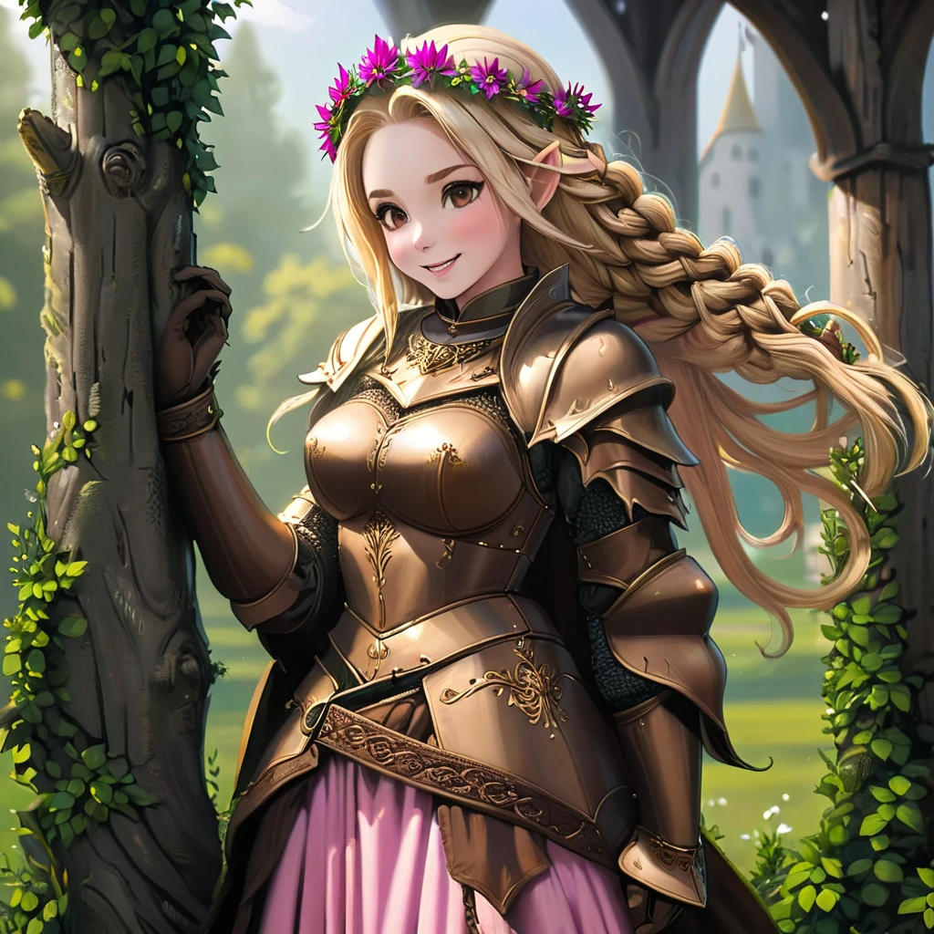  work of art, ultra epic details, ultra detaild, best resolution, blonde, Braided hair, (BEAUTIFUL ELF), beautiful and rustic flower crown {olhos ultra detailds} ((rosto angelical)), sculptural body, ((nude brown outfit)) ((wearing medieval peasant clothing)), ((perfect hands))), ((expression of happiness)), (Grinning), great smile, Simple smile, TREES,
medieval scenery, medieval tavern, pink back ground