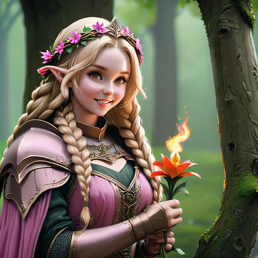  work of art, ultra epic details, ultra detaild, best resolution, blonde, Braided hair, (BEAUTIFUL ELF), beautiful and rustic flower crown {olhos ultra detailds} ((rosto angelical)), sculptural body, ((nude brown outfit)) ((wearing medieval peasant clothing)), ((perfect hands))), ((expression of happiness)), (Grinning), great smile, Simple smile, TREES,
medieval scenery, medieval tavern, pink back ground