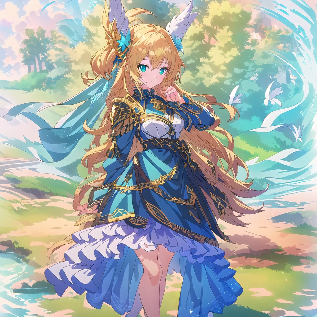 Highest quality, high resolution, High quality anime art style, Valkyrie, cowboy shot,Official Art, Smooth anime CG art,Cute 3D anime girl render, Visual Novel Sprites, White background,Smooth anime CG art, A woman in a white dress and blue armor holding a spear, An intricately designed helmet with white feathers,Small shield, Intricate blue and gold armor,Golden Hair, long hair, Rin々Shii,Large Bust,17 years old,