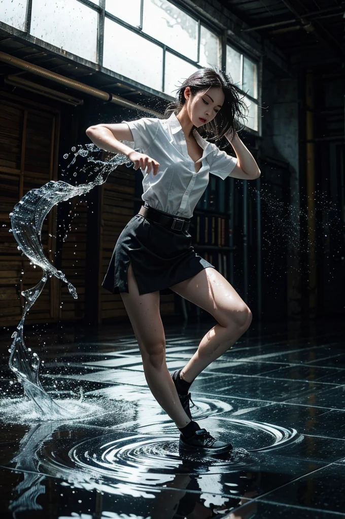 full body shot, 18s woman in thai university uniform, long straight wet hair, white wet short-sleeve shirt, black wet tight mini skirt, brown belt, white sneakers, masterpiece:1.2, high detail, realistic, cinematic scene, slim and perfect figure, perfect body proportions, 16k, portrait photo, dynamic pose, dynamic compositions, water, surrounded by gas fumes in battle, xuer martial arts, motion blur, long exposure, on the flood floor, martial arts, blue light tone, water magic, (water element:1.2), water goddess, see through shirt, black bra, dancing