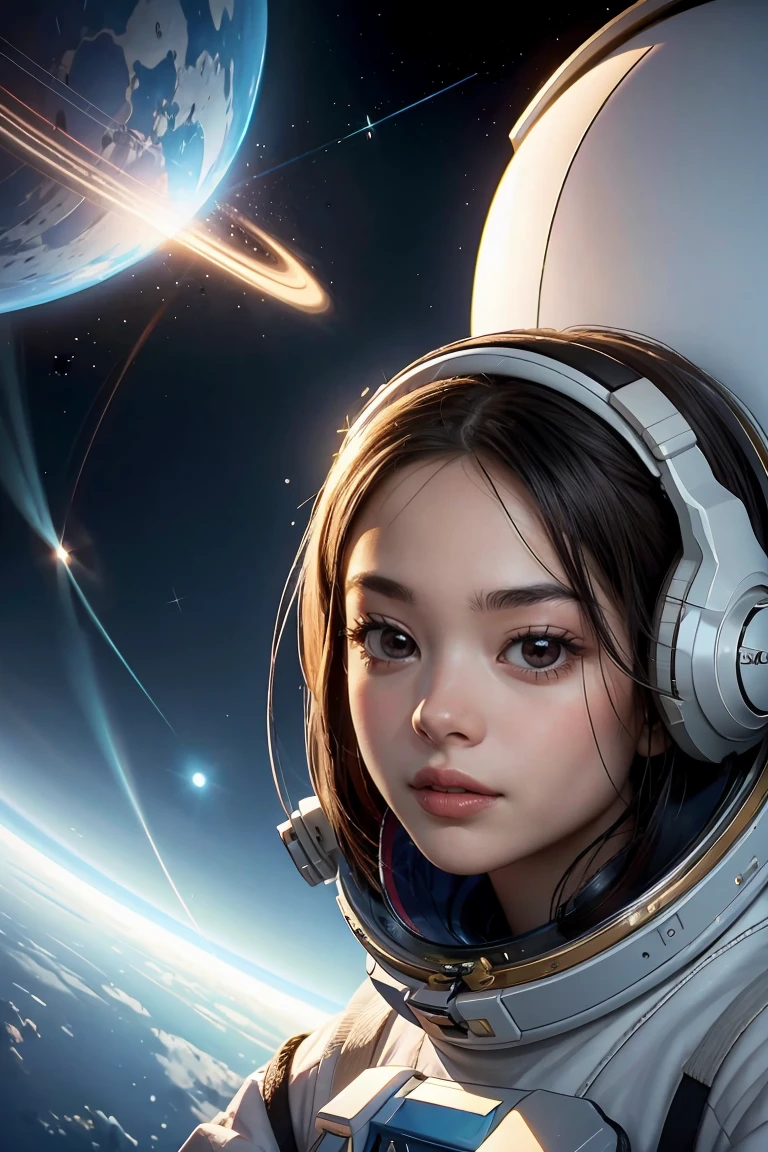 Cartoon illustration of a boy and a girl in space with cat, official fan art, in space, kitten in outer space, in outer space, in deep space, in galaxies, deep space exploration!!!, space travel, wearing in stars and planets, outer space, outer space, starry sky in space, in space, official art, space, on a spaceship, colorful, cute, more detailed, light, more realistic, cartoon