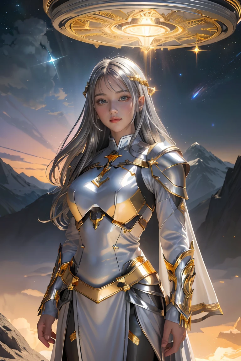 ((masterpiece, best quality, extremely detailed), volumetric lighting, ambient occlusion, colorful, glowing), 1girl, solo, young girl, (dark hair), long hair, halo, aura, sacred, goddess, cleric suit, (silver outfit with gold detailst:1.3), armor, outdoors, sunset, sky, clouds, space, (fantasy theme:1.2),